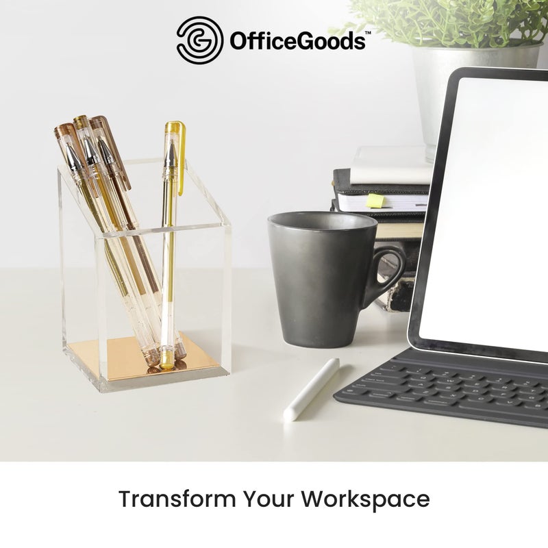 OfficeGoods Acrylic Pen & Pencil Holder - Modern Trapezoid Design - Beautiful Desk Organizer for Home or Office - Contrasting Metal Base - 3" Square w/ 3.5" Front & 4.5" Back - Gold - Image 5